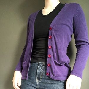 Small purple cardigan with maroon buttons